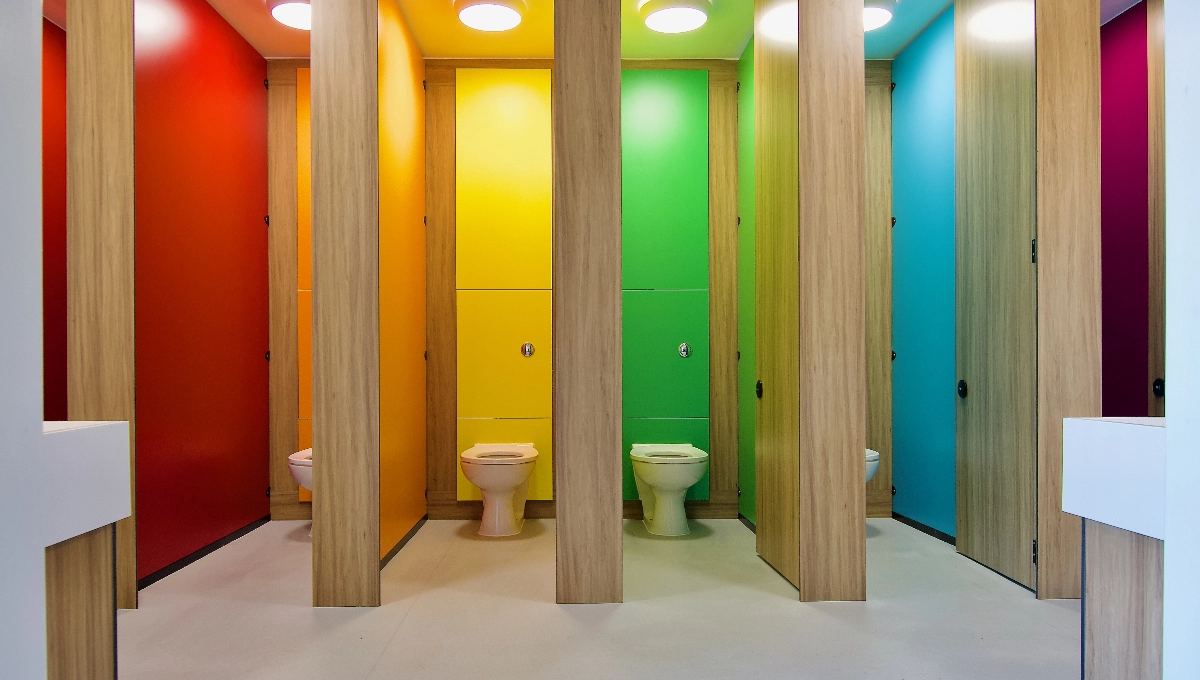 Rainbow coloured toilet cubicles in a commercial washroom
